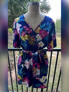 Shein Colorful Floral Surplice Belted Romper